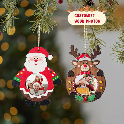 Personalized Photo Christmas Ornament on Xmas Tree, Santa and Reindeer Wooden Decor