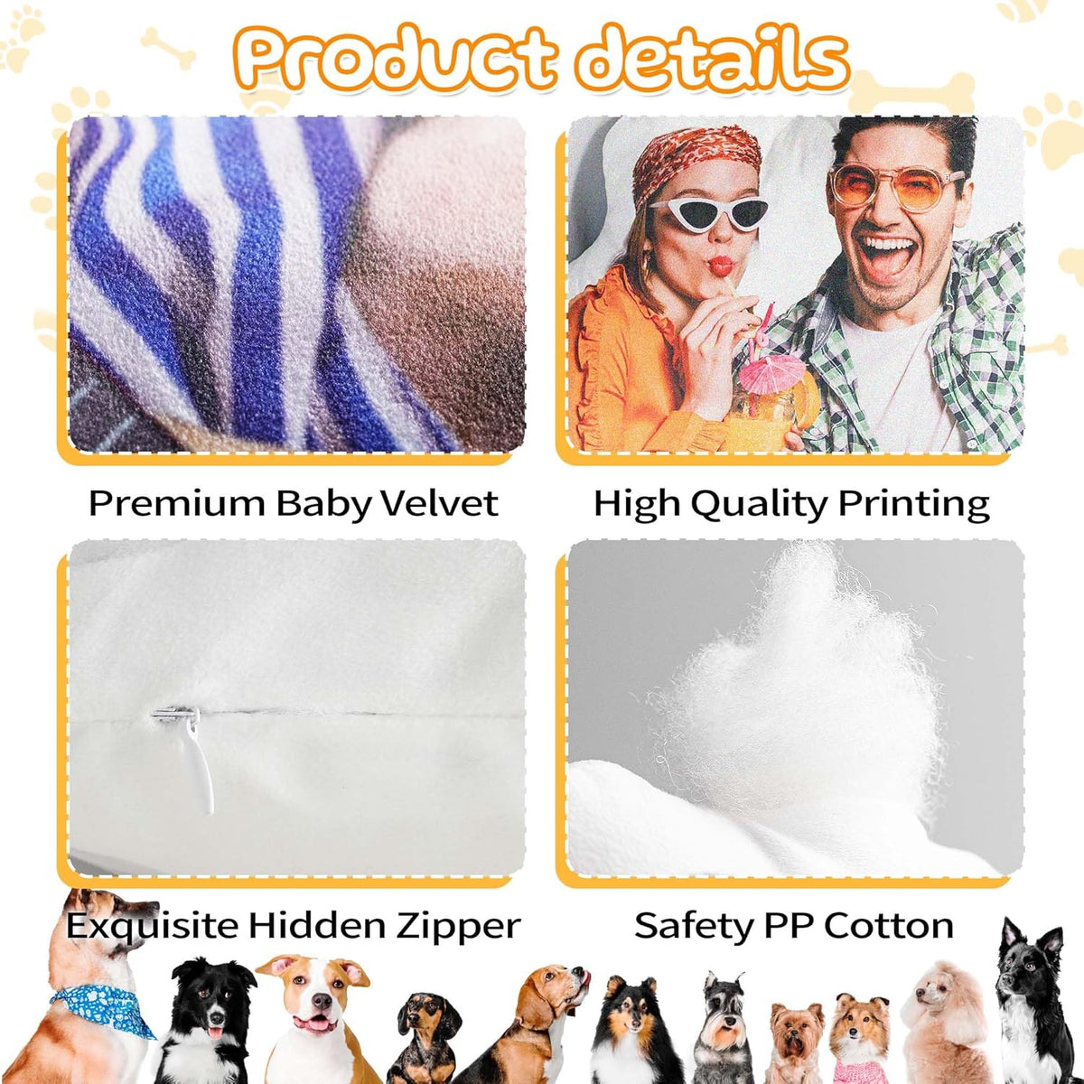 Custom pillow fabric material & printing quality detail close up