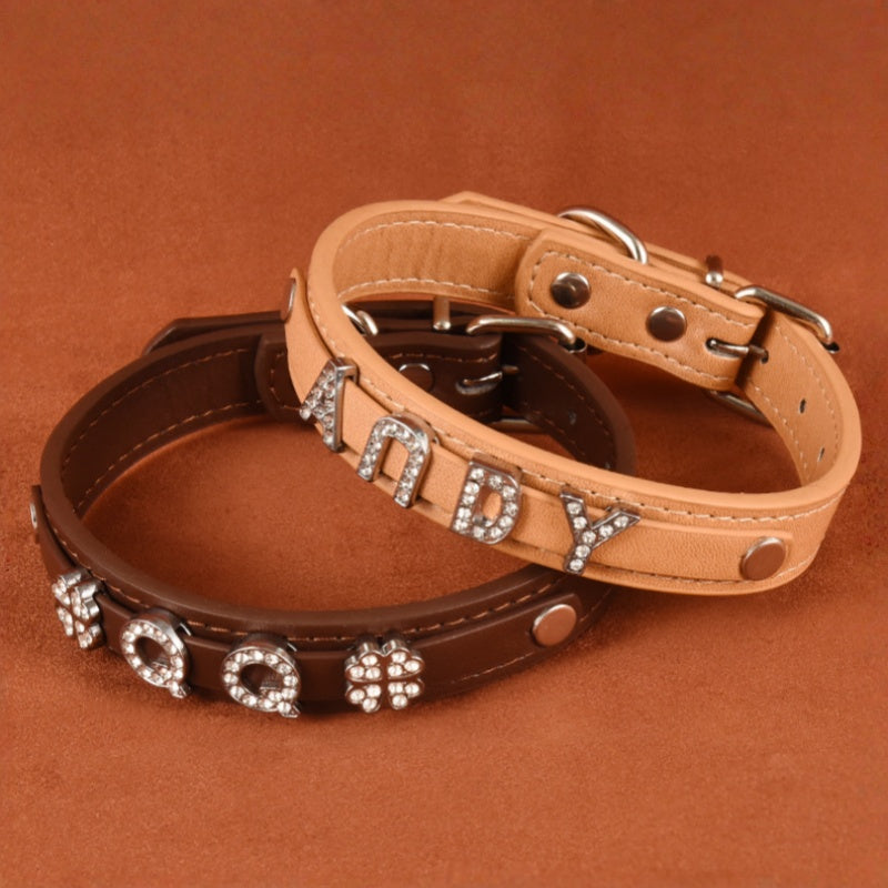 Close up tan personalized rhinestone letter dog collar, soft PU leather with adjustable metal buckle and fine stitching