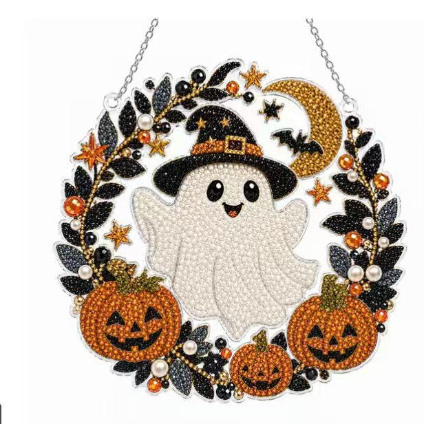 Cute ghost witch hat Halloween diamond painting wreath door decor