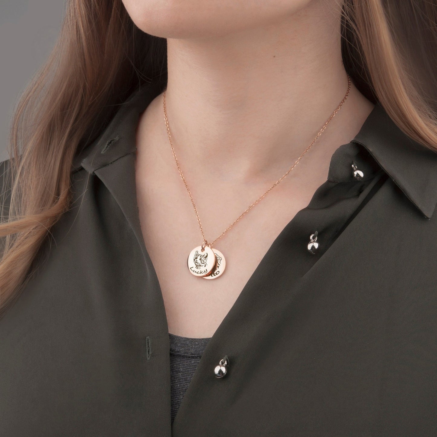 Minimalist custom photo engraved disc necklace worn by lady, delicate everyday memorial jewelry