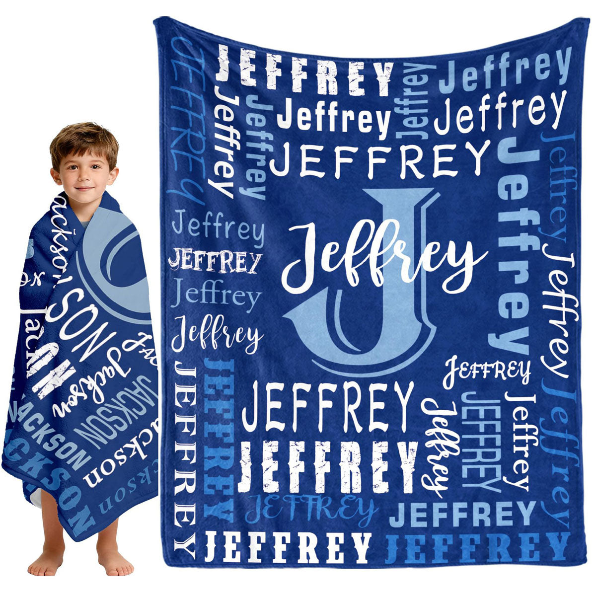 Navy blue personalized name blanket for boys men travel wrap