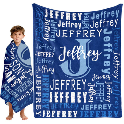 Navy blue personalized name blanket for boys men travel wrap