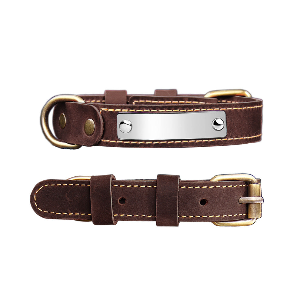Dark brown vintage leather dog collar with engraving metal name plate, durable adjustable pet collar for medium small dogs