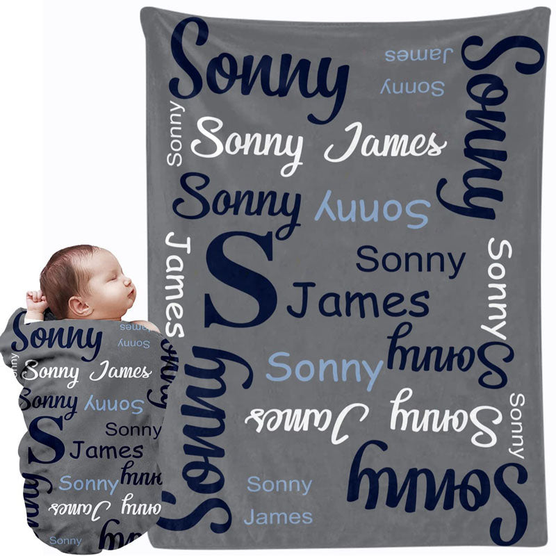Dark grey stacked custom name personalized baby blanket monogram flannel throw memory gift for baby boy and toddler