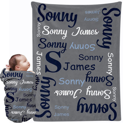 Dark grey stacked custom name personalized baby blanket monogram flannel throw memory gift for baby boy and toddler