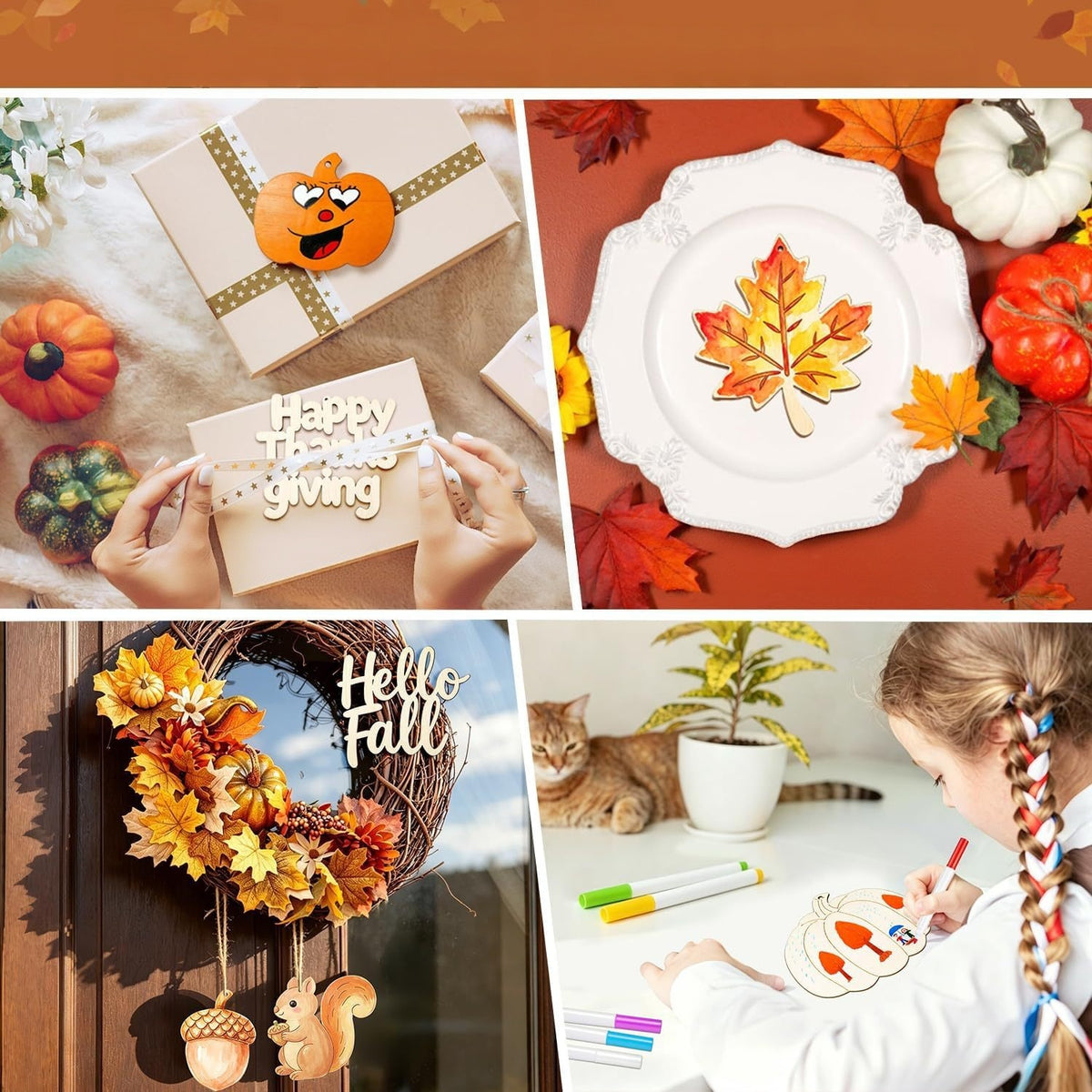DIY painting unfinished fall wood cutouts craft project, painted pieces can be hanging ornaments for harvest season