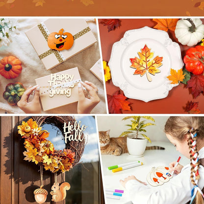 DIY painting unfinished fall wood cutouts craft project, painted pieces can be hanging ornaments for harvest season
