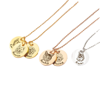 Two gold stacked custom photo engraved disc pendants, multi portrait memorial jewelry for lovers