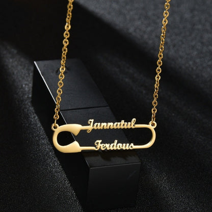 Double Stacked Custom Two Names Safety Pin Necklace Personalized Couple Name Gold Jewelry Gift