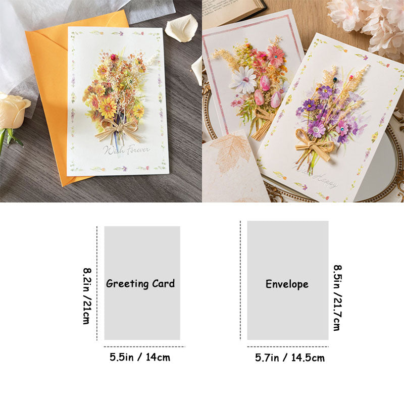 Dried flower greeting card and envelope size information chart