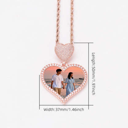Size & Length Specification Chart Brass Cubic Zirconia Stacked Two Hearts Custom Photo Pendant Necklace Dimension Reference Diagram