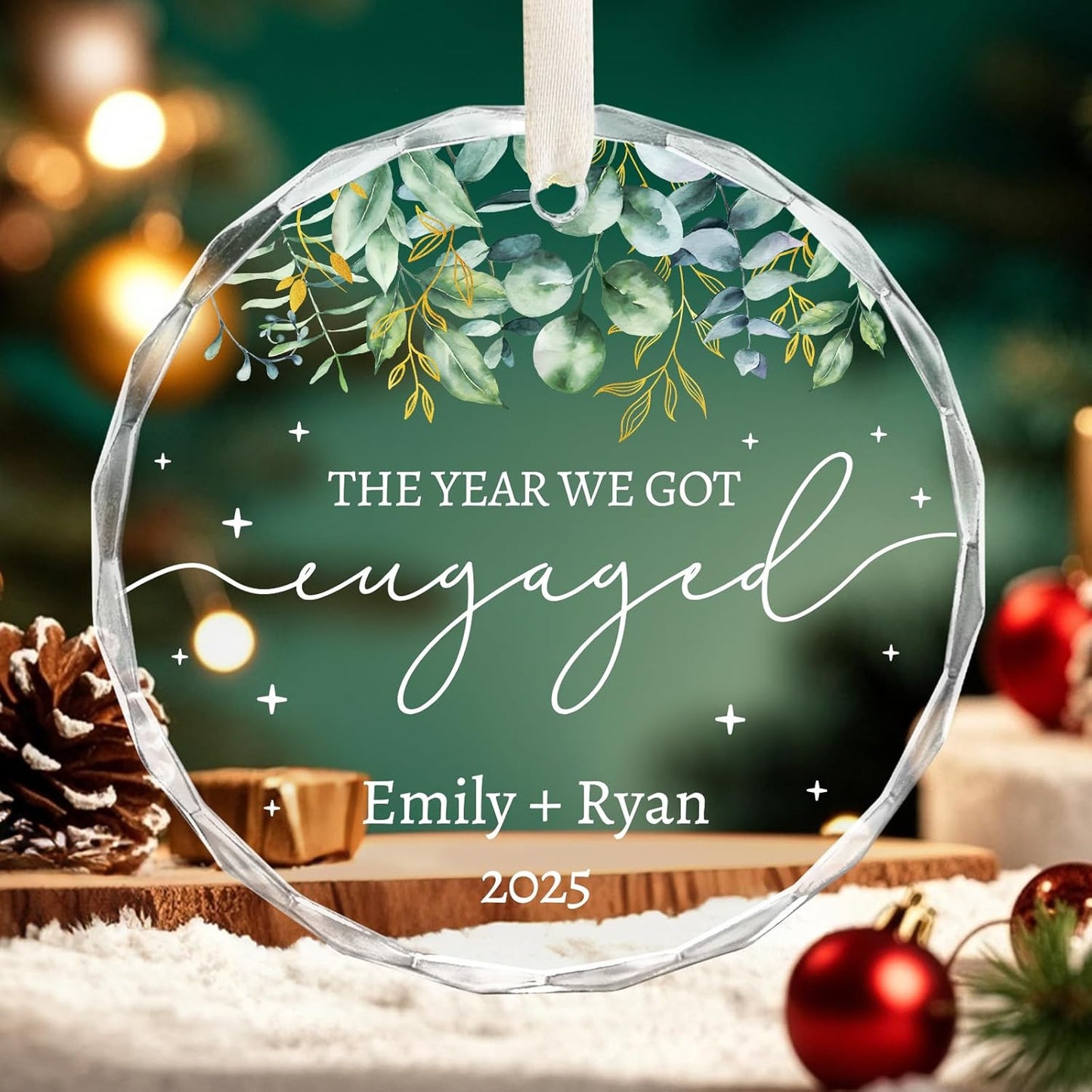 Round personalized engaged Christmas crystal keepsake ornament