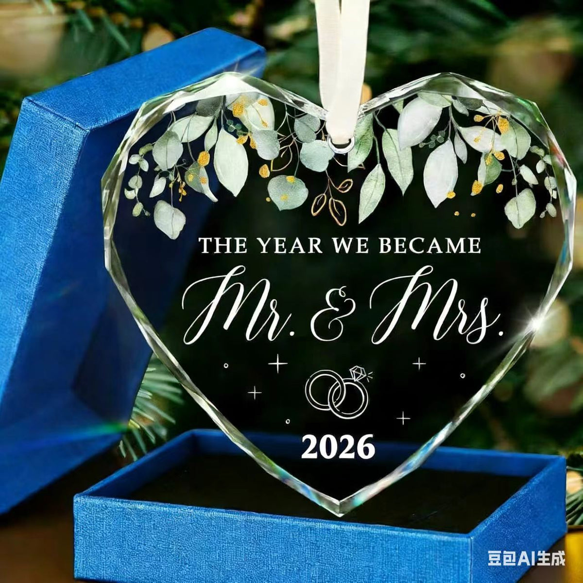 Eucalyptus heart wedding crystal ornament gift box presentation