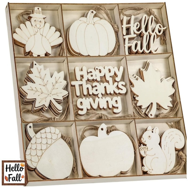 9Pcs Unfinished Fall Wooden Cutouts Kit, Blank Turkey Pumpkin Maple Leaf Squirrel Wood Ornaments with Jute Rope, DIY Paint Your Own Hanging Decor, Thanksgiving Tiered Tray Craft Set with Storage Box