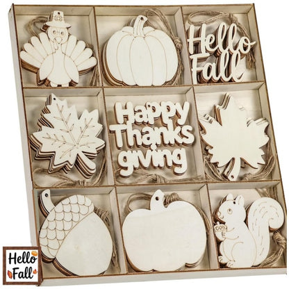 9Pcs Unfinished Fall Wooden Cutouts Kit, Blank Turkey Pumpkin Maple Leaf Squirrel Wood Ornaments with Jute Rope, DIY Paint Your Own Hanging Decor, Thanksgiving Tiered Tray Craft Set with Storage Box