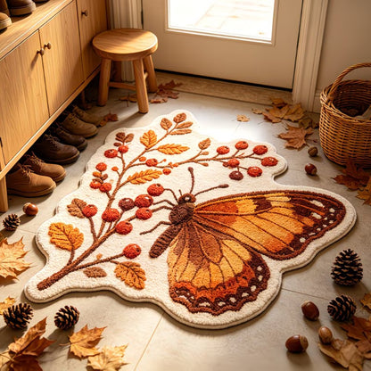 Fall monarch butterfly and red berry faux cashmere rug, autumn woodland shaped decorative mat