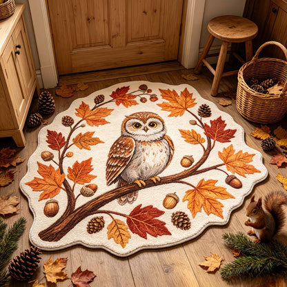 Autumn owl on maple branch faux cashmere rug with acorn and pinecone details, shaped floor mat