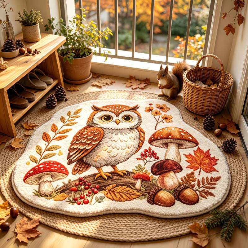 Woodland fall owl and mushroom faux cashmere rug, irregular autumn home decor plush mat