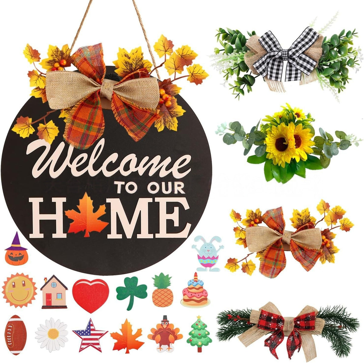 Welcome to our home wooden sign decorated for fall, sunflower and maple leaf bow decor for front porch