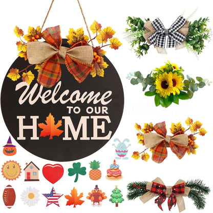 Welcome to our home wooden sign decorated for fall, sunflower and maple leaf bow decor for front porch