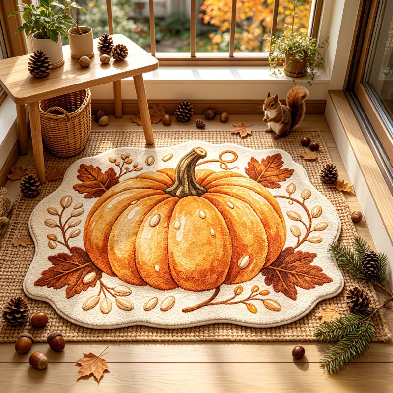 Simple big pumpkin faux cashmere rug, fall harvest irregular shaped plush floor mat