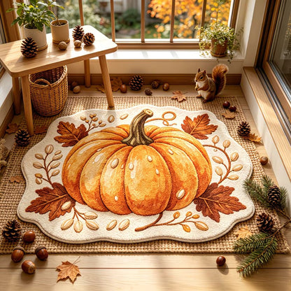 Simple big pumpkin faux cashmere rug, fall harvest irregular shaped plush floor mat