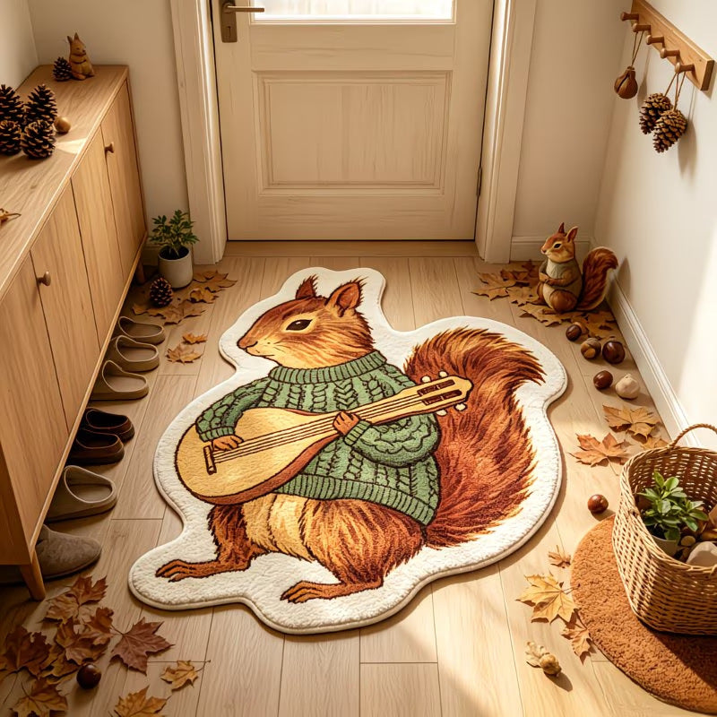 Cute woodland squirrel autumn faux cashmere rug, irregular shaped fall home decor plush mat