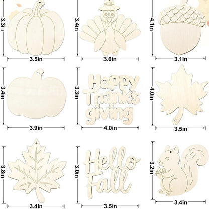 Hello fall unpainted wooden shapes flat lay, blank wood craft blanks, paint yourself to make autumn hanging ornaments, storage display box included