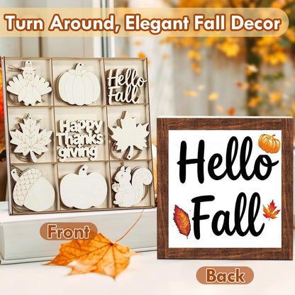 Unfinished fall wooden cutouts DIY paint kit, 9 blank wood pieces with layered storage box, box backside Hello Fall table sign, Thanksgiving hanging ornaments & tiered tray decor