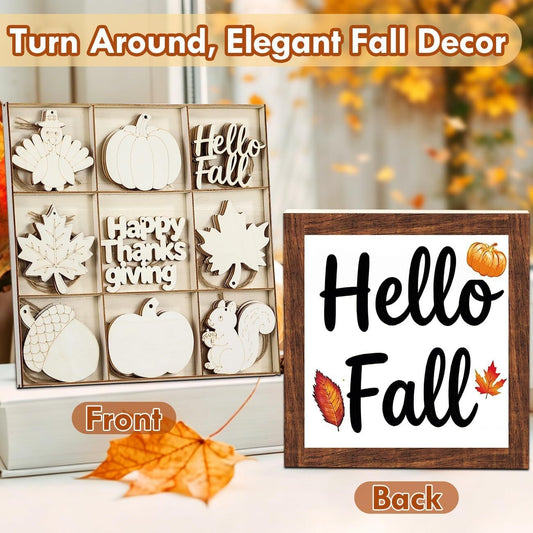 Unfinished fall wooden cutouts DIY paint kit, 9 blank wood pieces with layered storage box, box backside Hello Fall table sign, Thanksgiving hanging ornaments & tiered tray decor