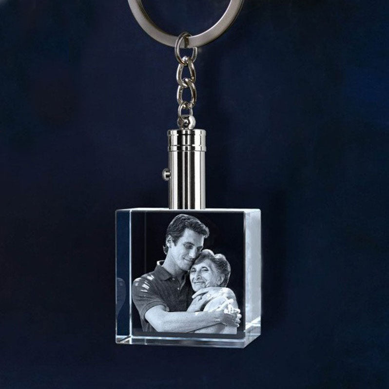 Custom Family Portrait Engraved Cube Crystal Ashes Memorial Keychain