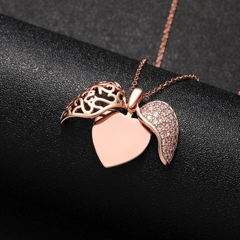 Filigree Hollow Rose Gold Brass Angel Wing Heart Locket Custom Engraved Memory Keepsake Cubic Zirconia Pendant