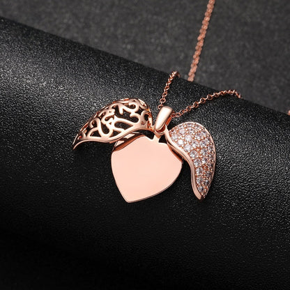 Filigree Hollow Rose Gold Brass Angel Wing Heart Locket Custom Engraved Memory Keepsake Cubic Zirconia Pendant