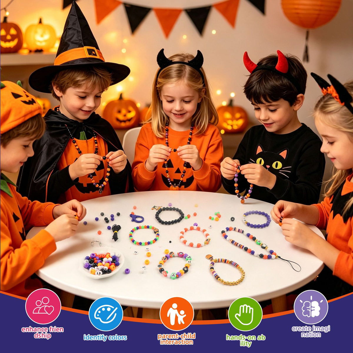 Handmade stackable Halloween bracelets and necklaces crafted from resin beads and spooky themed charms