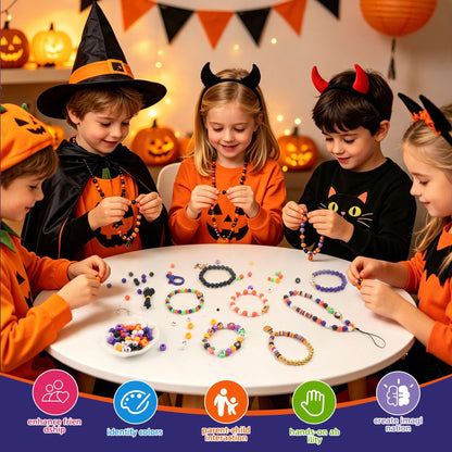 Handmade stackable Halloween bracelets and necklaces crafted from resin beads and spooky themed charms