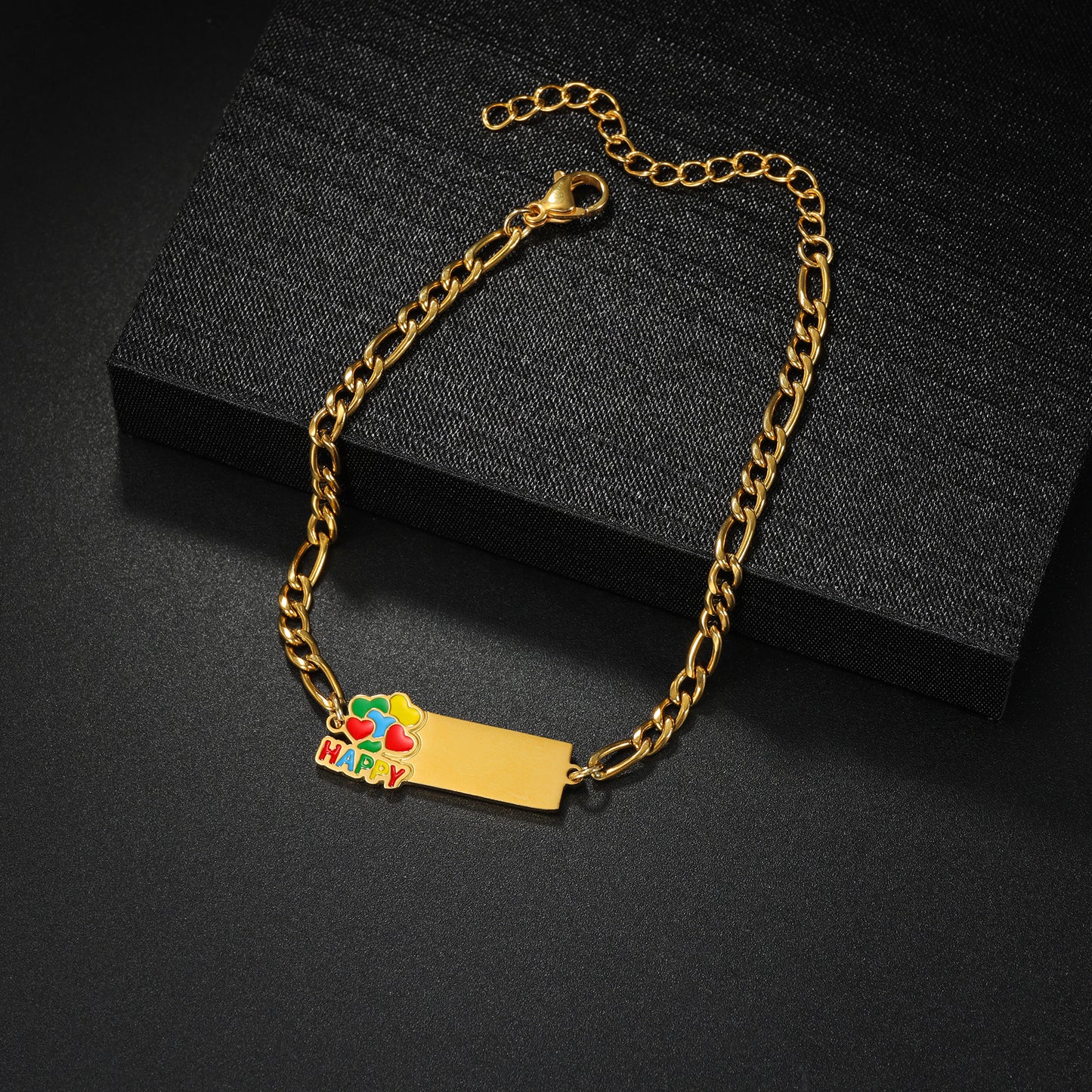 Colorful flower enamel custom engraved name bar gold bracelet, stackable dainty personalized wrist band