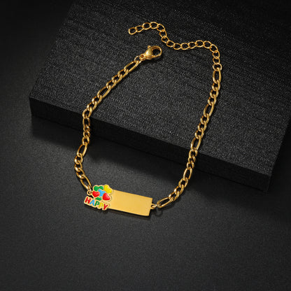 Colorful flower enamel custom engraved name bar gold bracelet, stackable dainty personalized wrist band