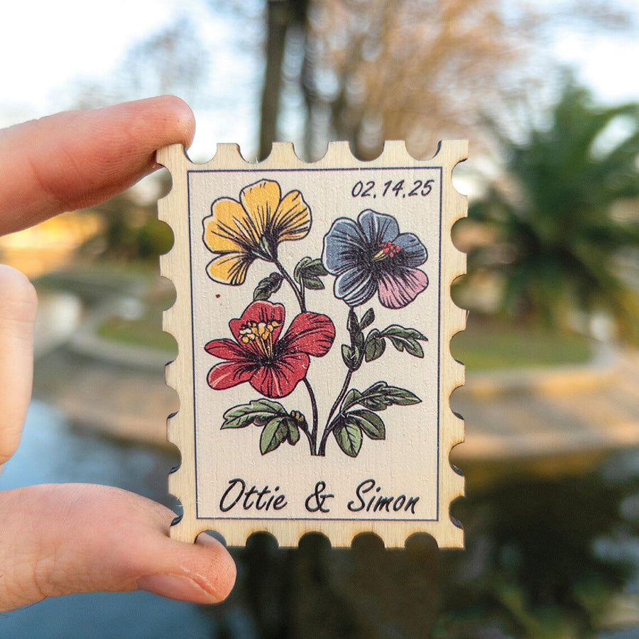 Personalized floral stamp wooden fridge magnet custom wedding guest favor