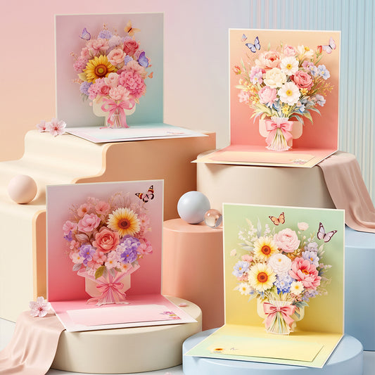 Pastel flower bouquet 3D pop up greeting card, multi-color floral popup card set