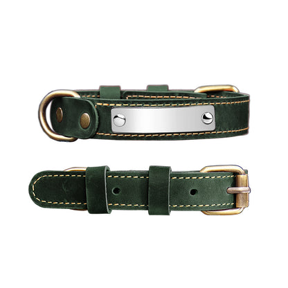 Forest green genuine leather dog collar with blank metal name plate, durable anti-lost personalized puppy collar