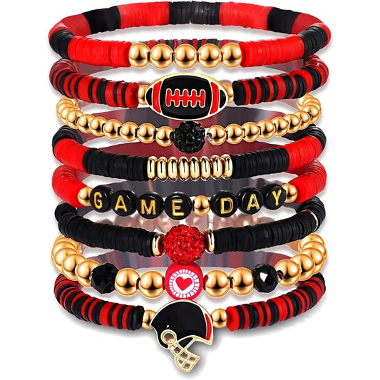 Game Day Beaded Bracelet Stack, Red Black Team Color 8Pcs Football Fan Bracelet Set