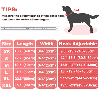Size guide chart for personalized leather dog collar, S M L XL size measurement & dog neck measuring tutorial