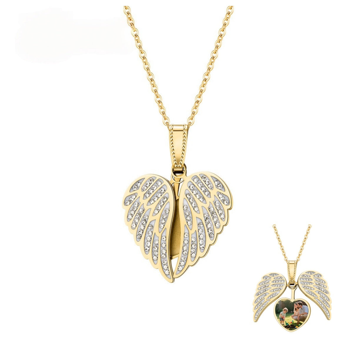 Gold stainless steel angel wing photo locket, personalized heart picture pendant with zircon inlaid wings