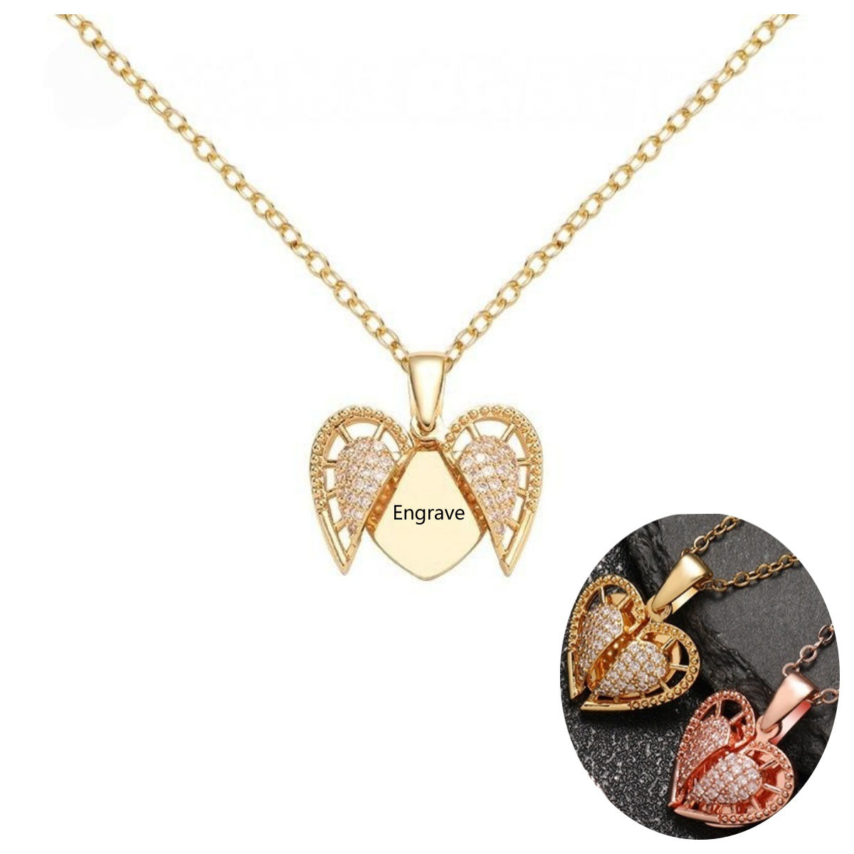 Gold Plated Brass Hollow Filigree Angel Wing Heart Locket Pendant CZ Inlaid Custom Engraving Memory Necklace for Ladies