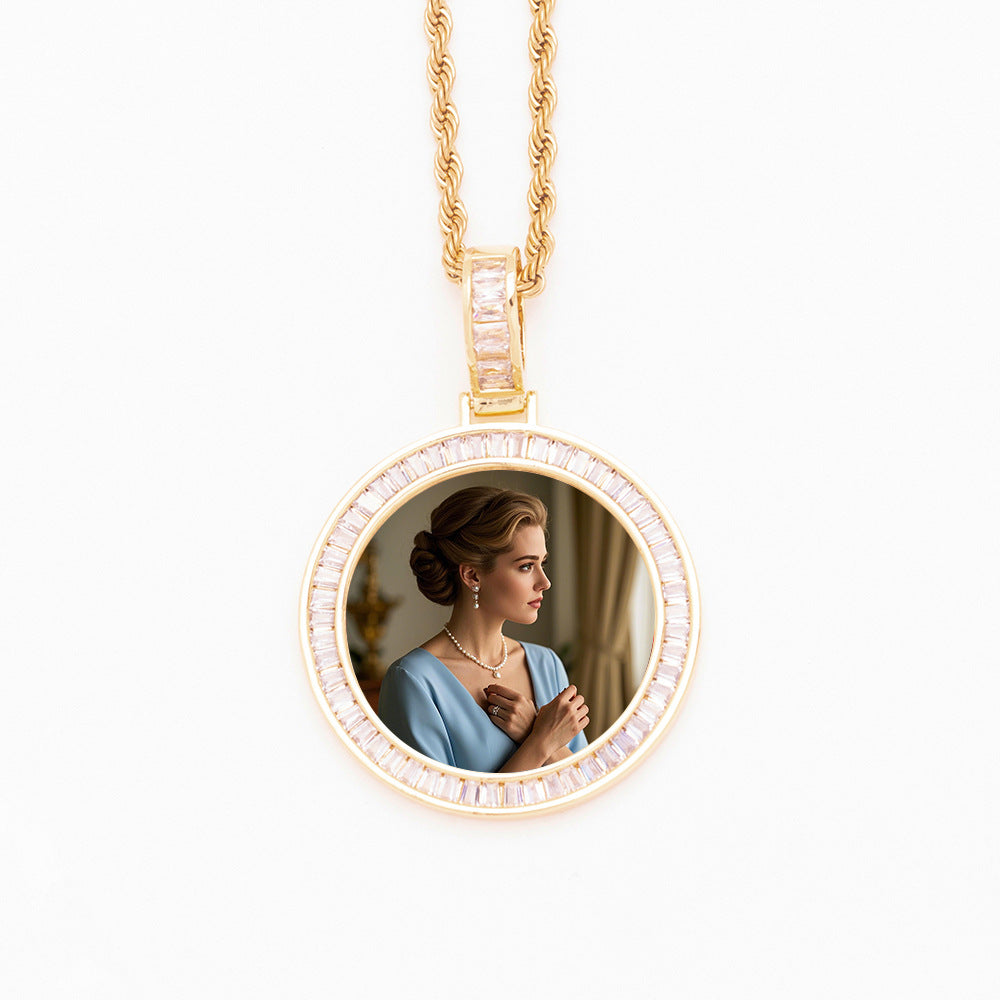 Gold Tone Brass Baguette CZ Border Round Custom Photo Medallion Twisted Rope Chain HD Portrait Print Sentimental Keepsake Necklace