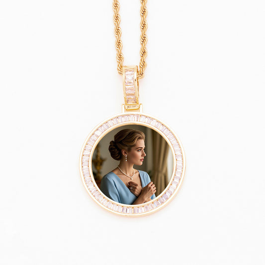 Gold Tone Brass Baguette CZ Border Round Custom Photo Medallion Twisted Rope Chain HD Portrait Print Sentimental Keepsake Necklace
