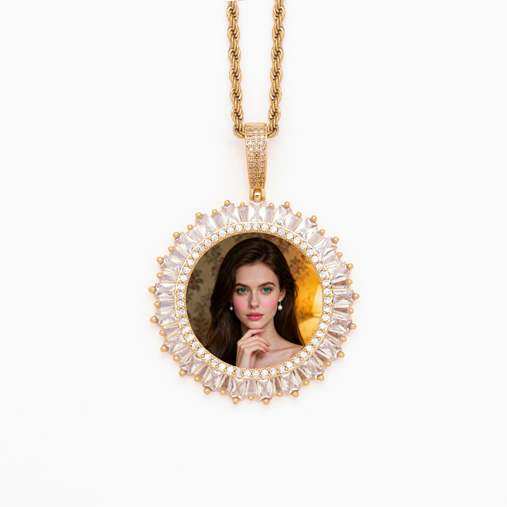 Luxury Gold Iced Out Sunburst Baguette Cubic Zirconia Custom Photo Pendant Personalized Portrait Memory Keepsake Jewelry