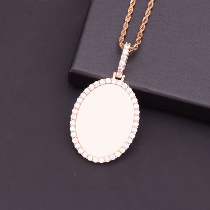 Close Up Side View Gold Brass Pave Cubic Zirconia Rim Oval Blank Photo Medallion Wearable Memory Keepsake Jewelry
