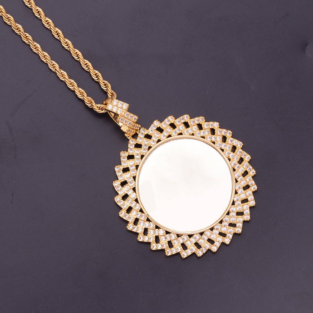 Blank Reverse Side Gold Geometric Square CZ Custom Photo Pendant Unengraved Round Medallion Jewelry
